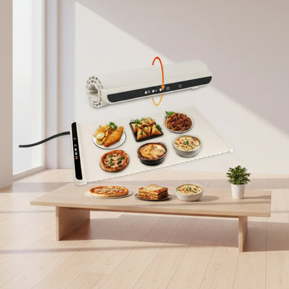 Roll-up food warmer with various dishes on a white background