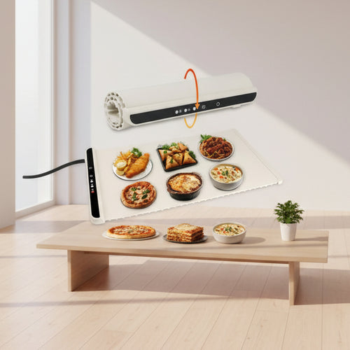 Roll-up food warmer with various dishes on a white background