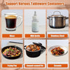 Collage of tableware containers including glass, milk bottle, stainless steel pot, frying pan, enamel-coated pot, and ceramic plate with food.